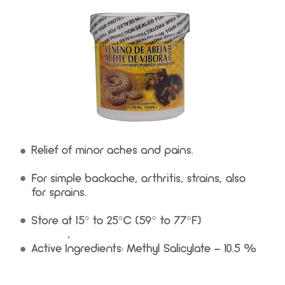 Veneno de Abeja Aceite de Vibora. Paraben-Free Analgesic Topical Ointment. 5 oz