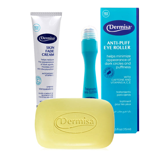 Dermisa Skin Fade Cream 1.78 Oz / 50 g. + Dermisa Anti-puff Eye Roller 0.5 Fl Oz / 15 ml. + Dermisa Brightening Bar Soap 3 Oz / 85 g.