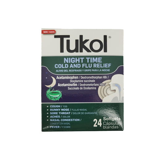 Tukol Night Time Cold and Flu Relief Softgels. Fast Pain and Fever Relief. 24 ct