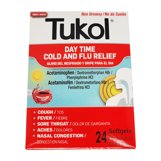 Tukol Daytime Cold and Flu Relief Softgels. Fast Pain and Fever Relief. 24 ct