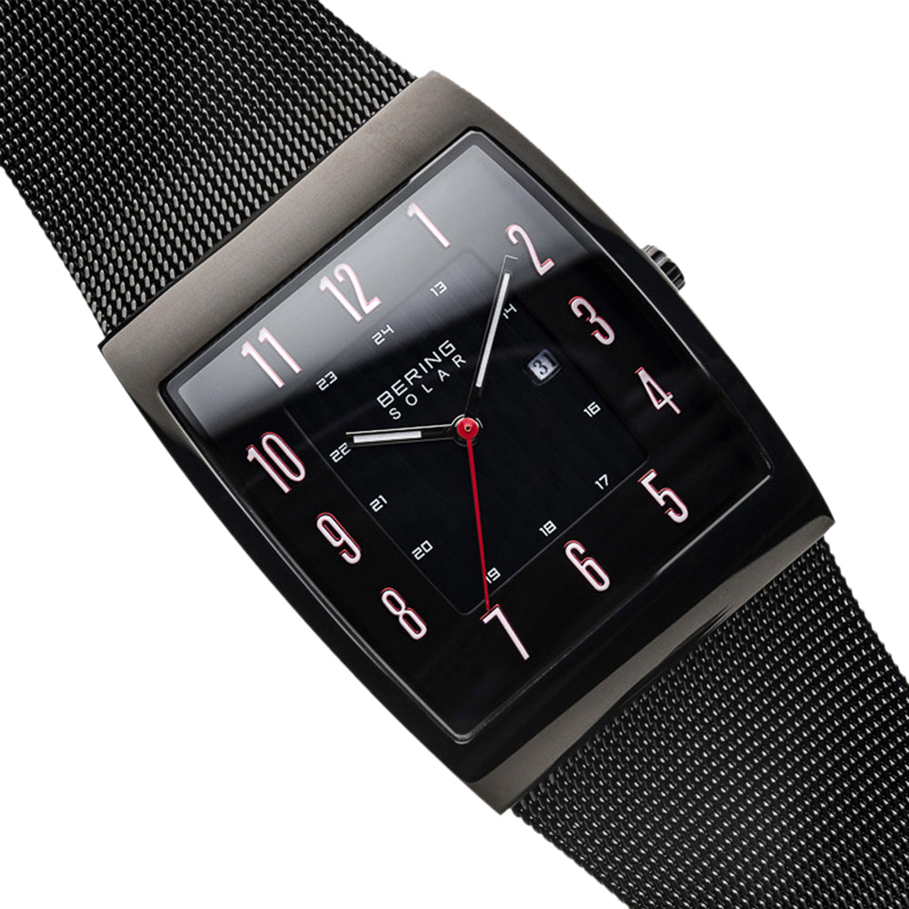 Bering Time Solar Collection Polished Black Stainless Steel Case with Milanese Strap and Black Dial Men's Watch. 16433-122