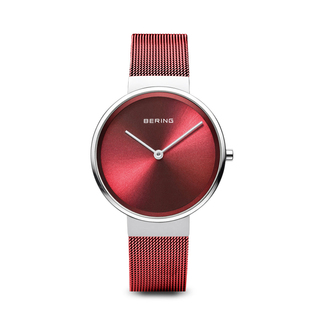 Bering Time Classic. Silver Stainless Steel, Red Dial Women's Watch. 14531-303