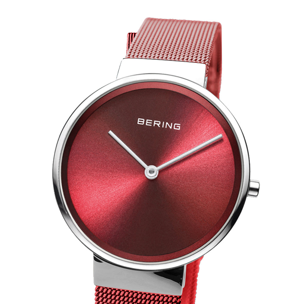 Bering Time Classic. Silver Stainless Steel, Red Dial Women's Watch. 14531-303