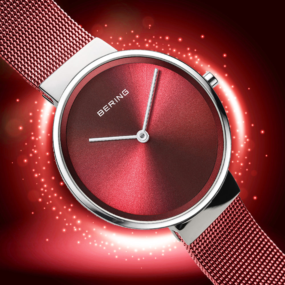 Bering Time Classic. Silver Stainless Steel, Red Dial Women's Watch. 14531-303