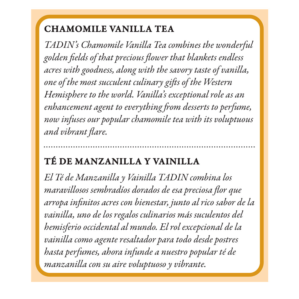 Tadin Tea Manzanilla con Vainilla / Chamomile Vanilla. 24 Bags. 0.84 Oz. Pack of 6