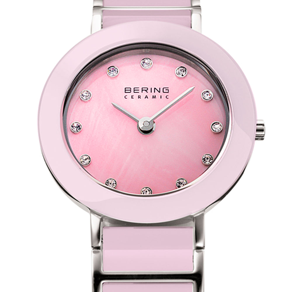 Bering Time Ceramic Silver Steel and Pink Ceramic Links Women's Watch. 11422-999