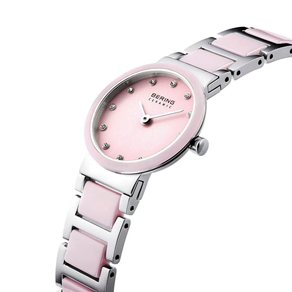Bering Time Ceramic Silver Steel and Pink Ceramic Links Women's Watch. 11422-999