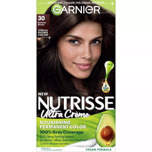 Garnier Nutrisse Nourishing Hair Color Crème. Permanent Dye. 30 Darkest Brown