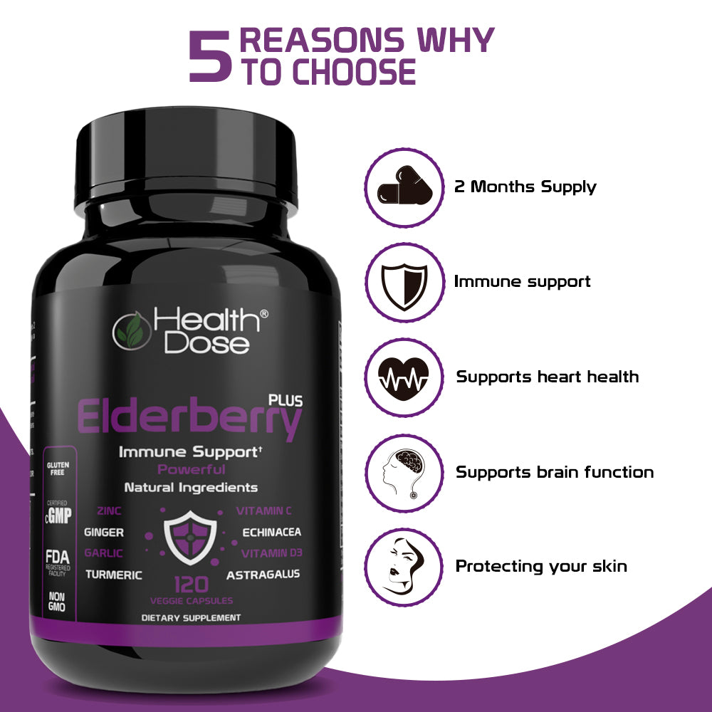 Health Dose Elderberry Plus With Vitamin C, Turmeric, Zinc & More 120 Capsules - Pack of 5