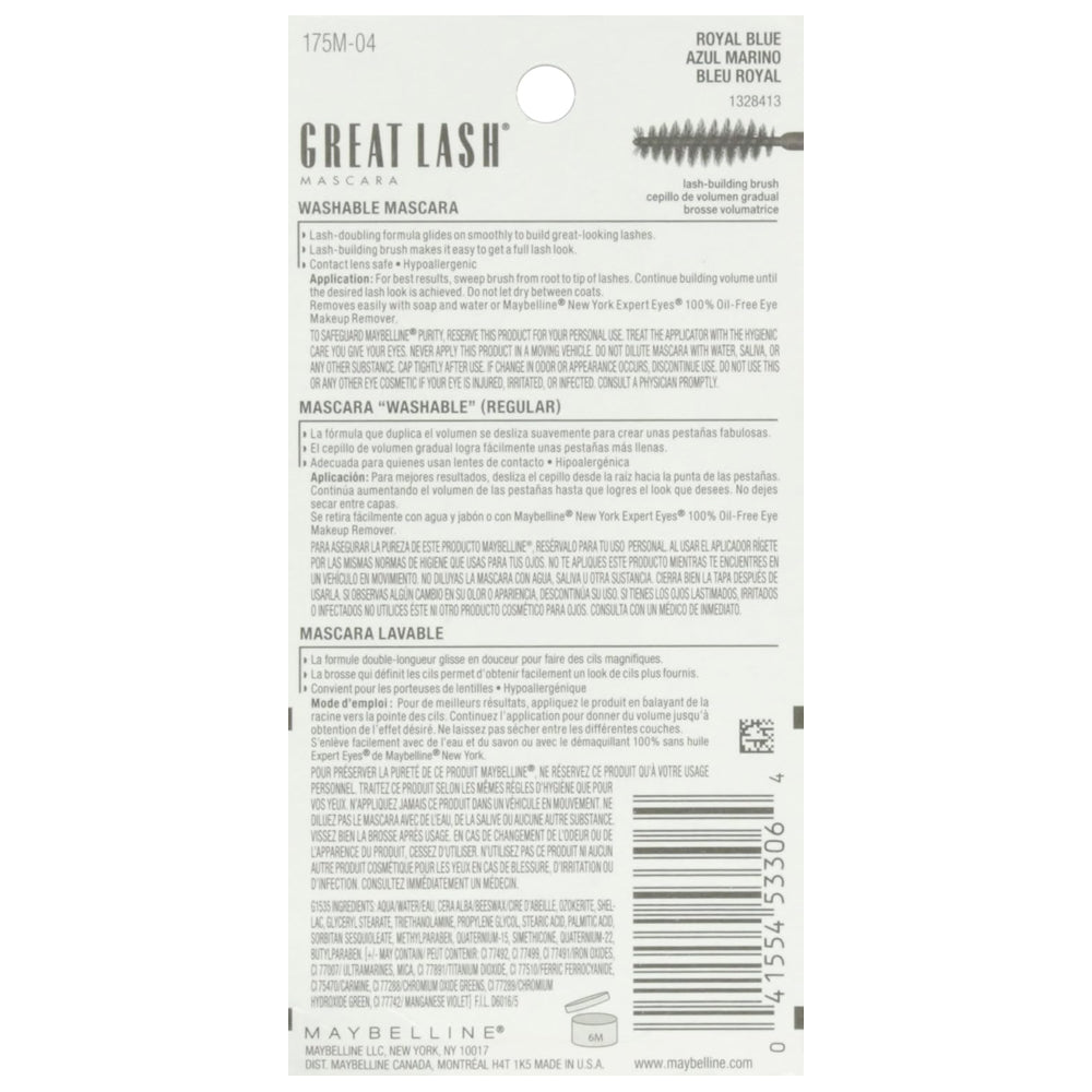 Maybelline Great Lash Washable Mascara - Royal Blue, Long-Lasting and Intense Color.