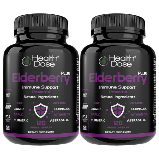 Health Dose Elderberry Plus With Vitamin C, Turmeric, Zinc & More 120 Capsules - Pack of 2