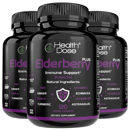 Health Dose Elderberry Plus With Vitamin C, Turmeric, Zinc & More 120 Capsules - Pack of 3