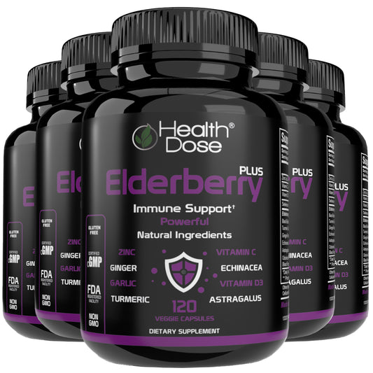 Health Dose Elderberry Plus With Vitamin C, Turmeric, Zinc & More 120 Capsules - Pack of 5