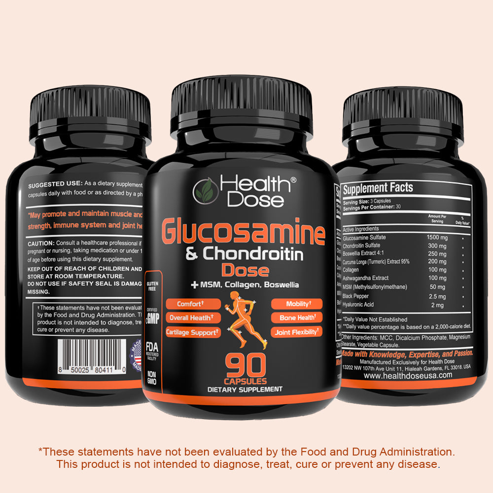 Health Dose Premium Joint Support - Glucosamine Chondroitin MSM Turmeric Boswellia & Hyaluronic Acid - Relieves Inflammation & Discomfort in Back, Knees & Hands - Antioxidant Properties - 90 Capsules