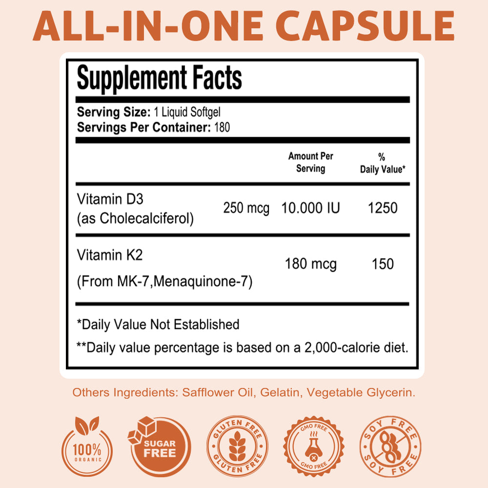 Health Dose Vitamin D3 + K2. 2 in 1 Formula. 180 Liquid Softgels