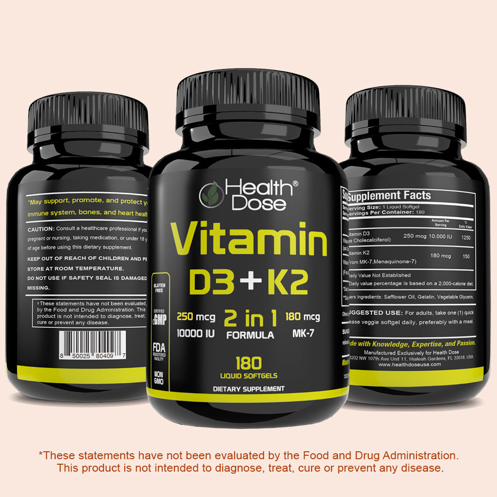 Health Dose Vitamin D3 + K2. 2 in 1 Formula. 180 Liquid Softgels