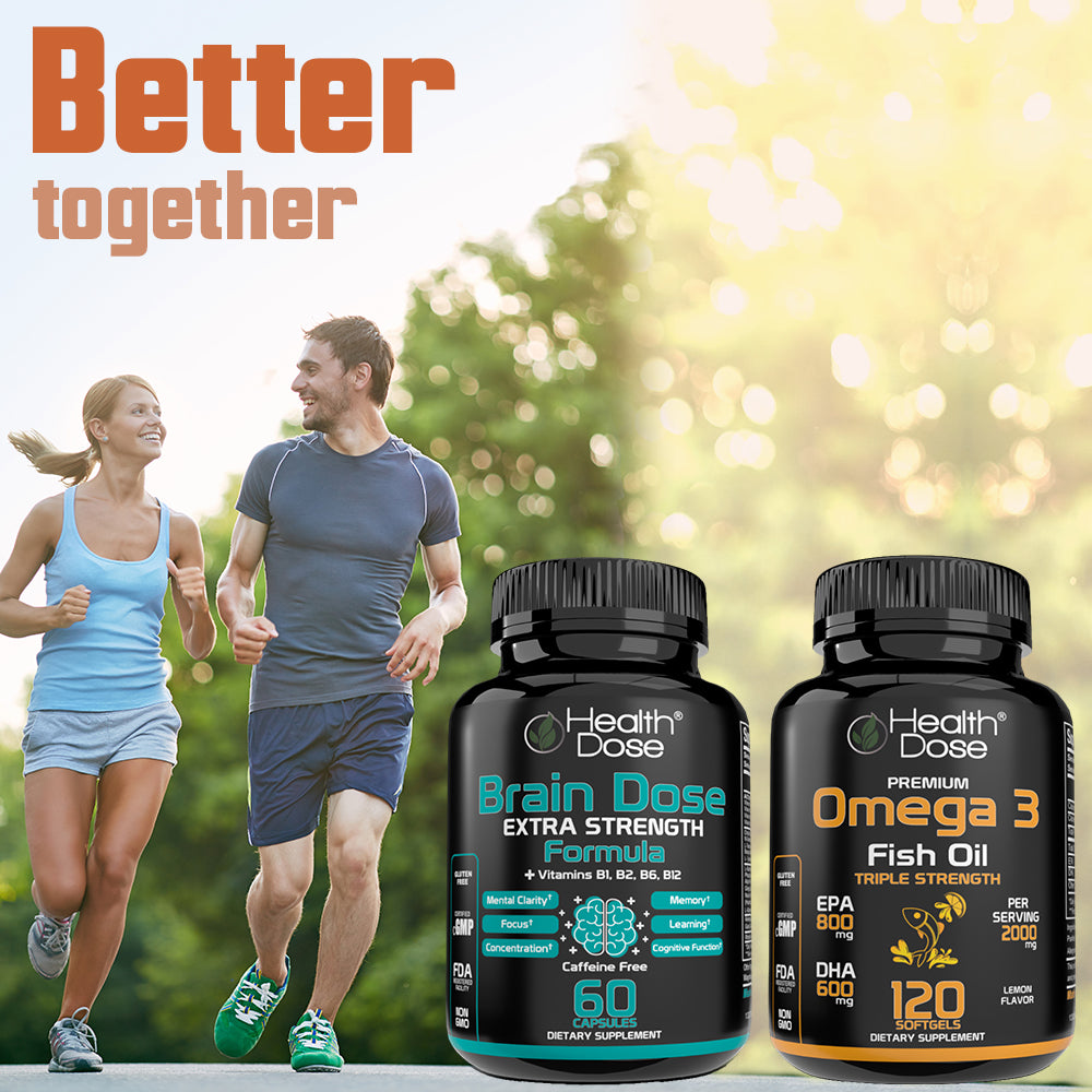 Health Dose Brain Dose Premium Nootropics - Mental Focus, Natural Energy & Vitamins - Caffeine-Free, 60-Count - For Men & Women.