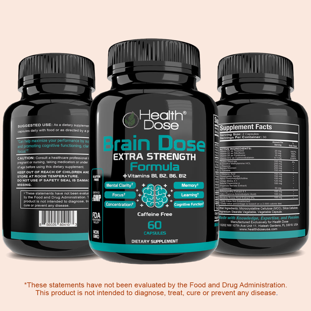 Health Dose Brain Dose Premium Nootropics - Mental Focus, Natural Energy & Vitamins - Caffeine-Free, 60-Count - For Men & Women.