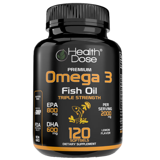 HealthDose Premium Omega 3 Fish Oil. Triple Strength. Lemon Flavor. 120 Softgel
