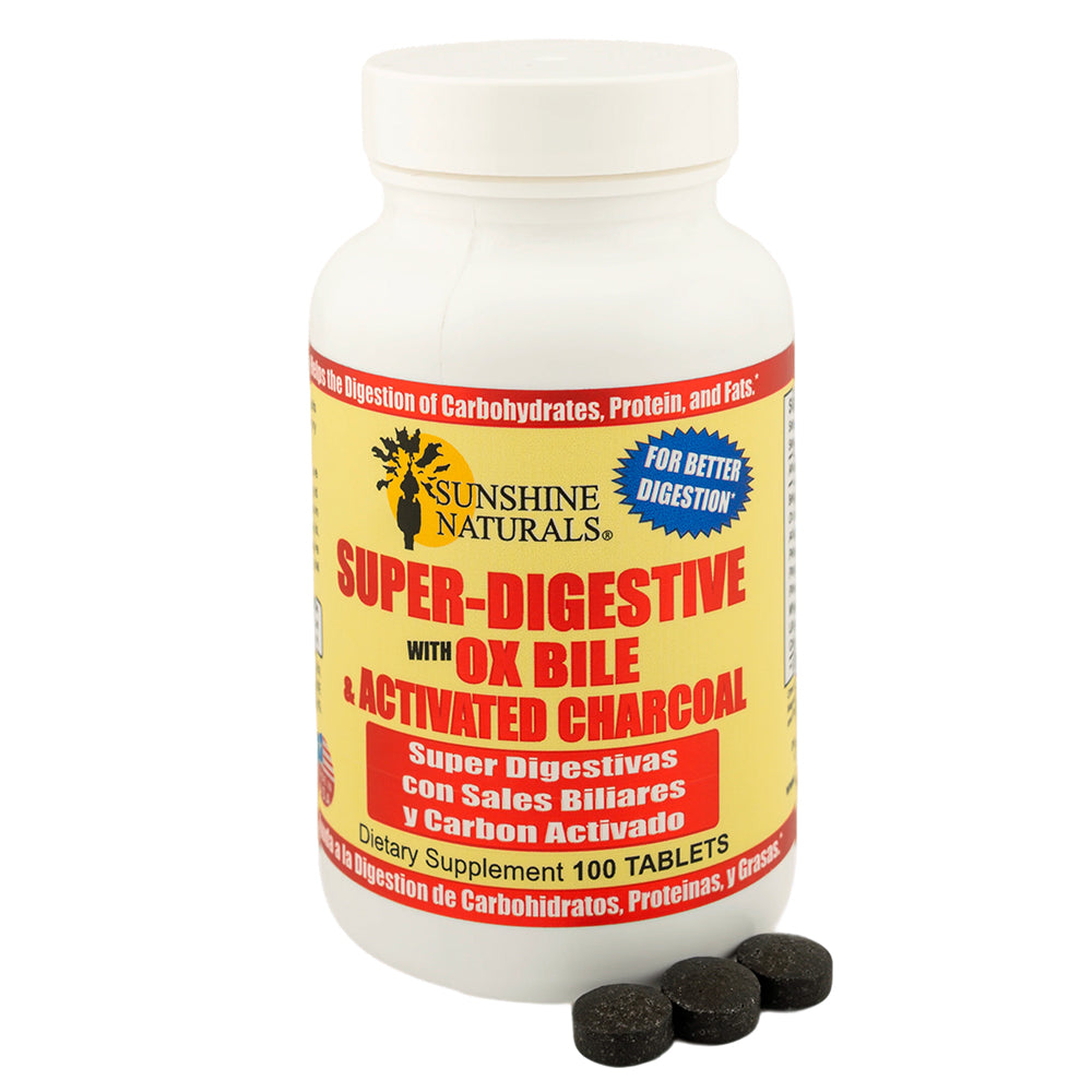 Sunshine Naturals Super Digestive Supplement. Ox Bile & Active Charcoal. 100 Tab