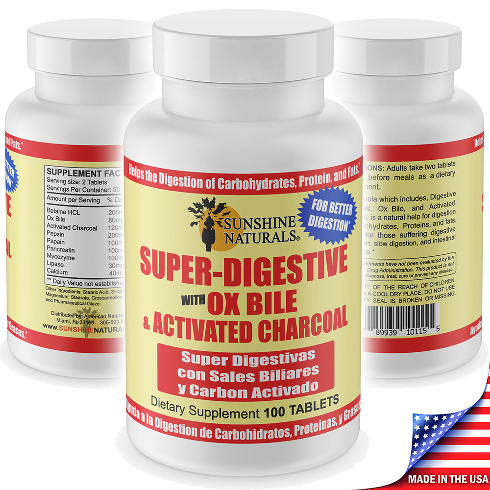 Sunshine Naturals Super Digestive Supplement. Ox Bile & Active Charcoal. 100 Tab