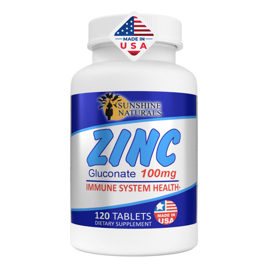 Sunshine Naturals Zinc Gluconate. Strong Immune System Booster. 100 mg. 120 Tabs
