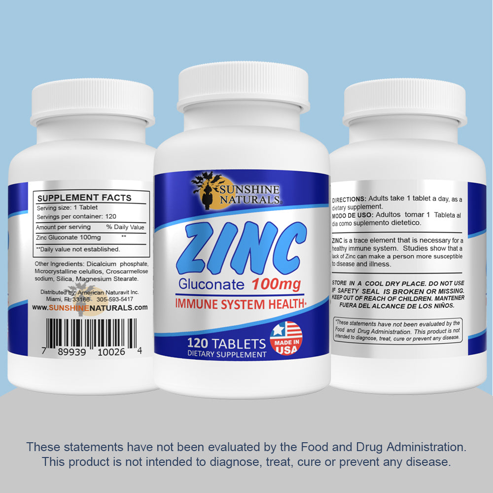 Sunshine Naturals Zinc Gluconate. Strong Immune System Booster. 100 mg. 120 Tabs