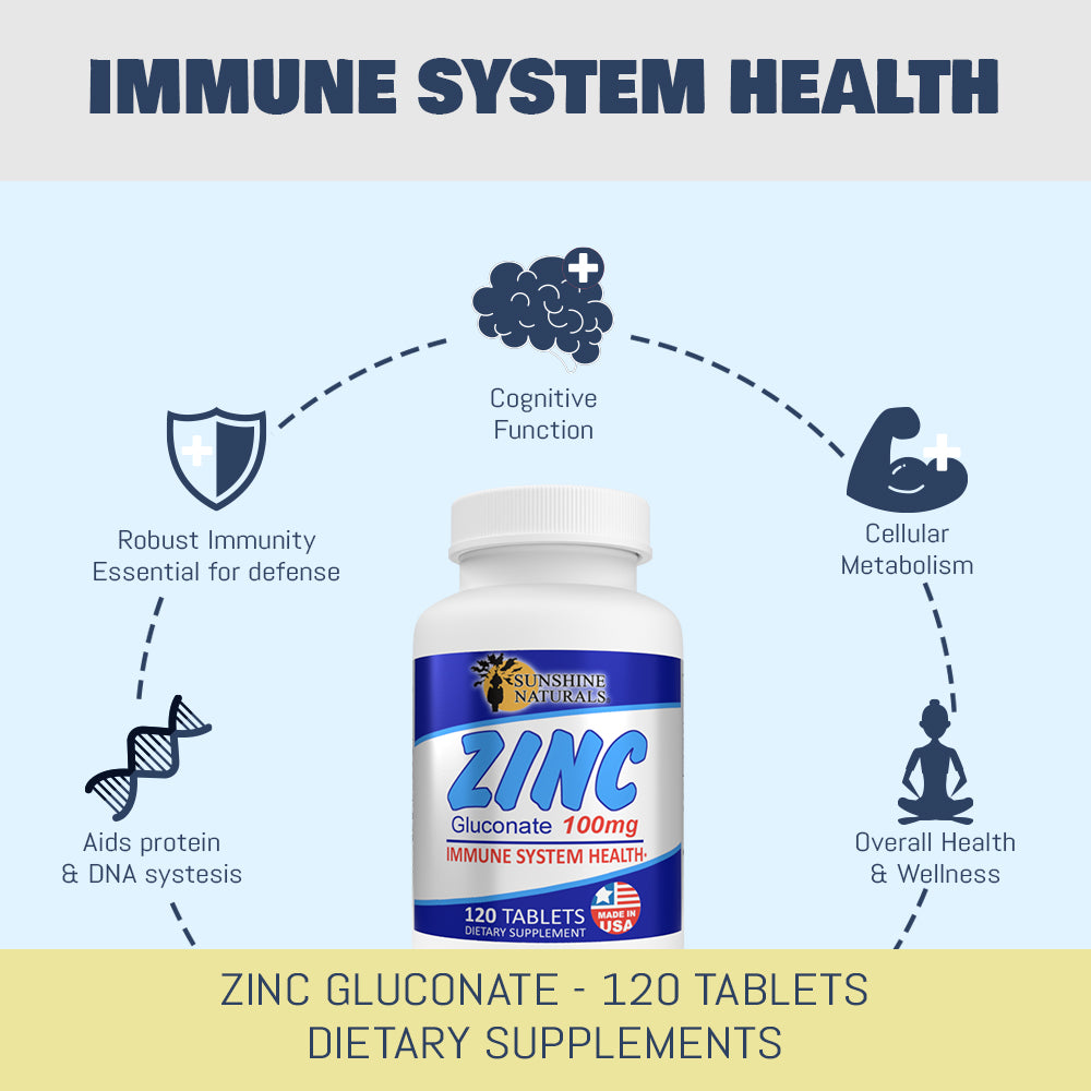 Sunshine Naturals Zinc Gluconate. Strong Immune System Booster. 100 mg. 120 Tabs