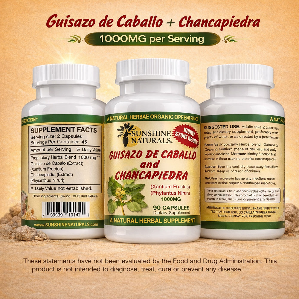 Sunshine Naturals Chanca Piedra with Guisazo de Caballo, Traditional Stone Breaker Herb, Kidney and Urinary Tract Support Supplement, 1000 mg Proprietary Blend, 90 Capsules. Pack of 3