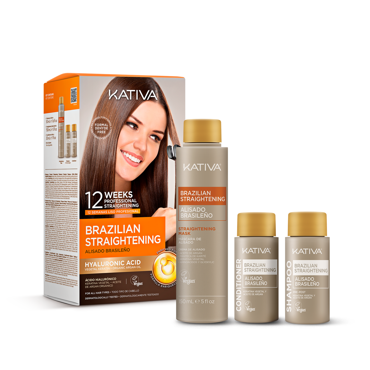 KATIVA Brazilian Keratin Treatment Kit at home Formaldehyde Free Hair Straightening with Hyaluronic Acid, Up to 12 Weeks Frizz Control for Curly, Wavy, Frizzy Hair (Straightening Kit)