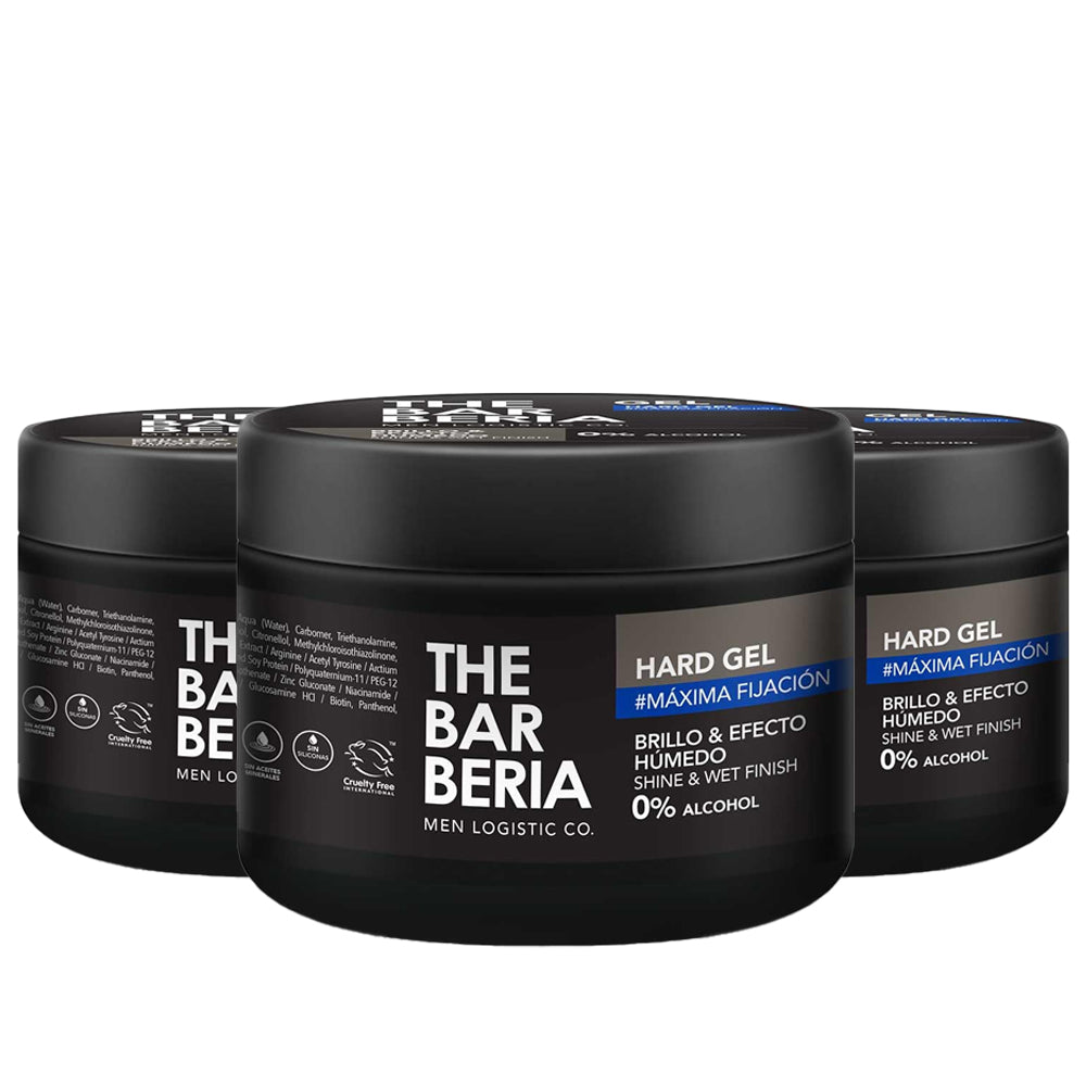 The Barberia Maximum Hold Gel, Shine & Wet Finish, 3.3 fl oz 0% alcohol. Pack of 3