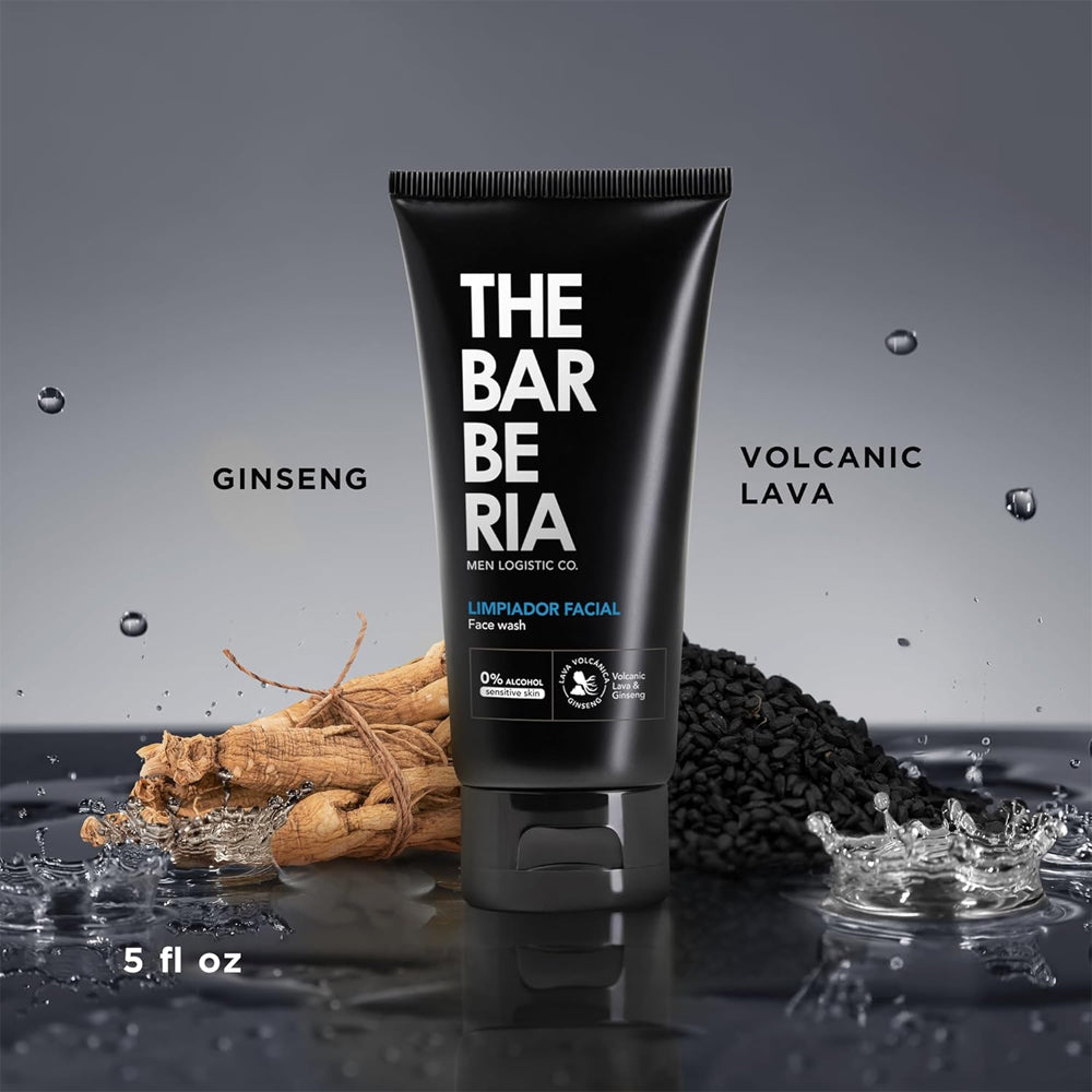 The Barberia Facial Cleanser, 5 fl oz 0% alcohol, Volvanic Lava & Ginseng. For sensitive skin. Pack of 3