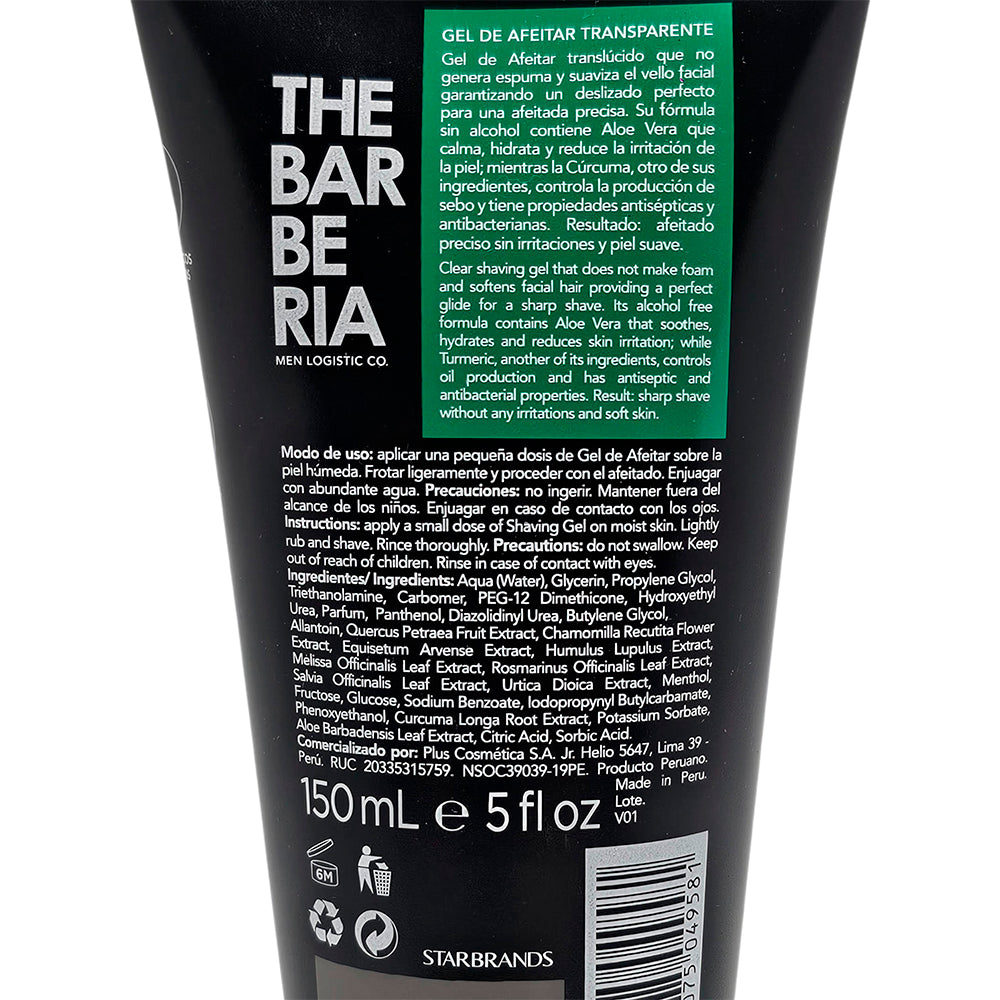 The Barberia Shaving Gel, 5 fl oz 0% alcohol, Aloe Vera & Turmeric for sensitive skin. Pack of 3