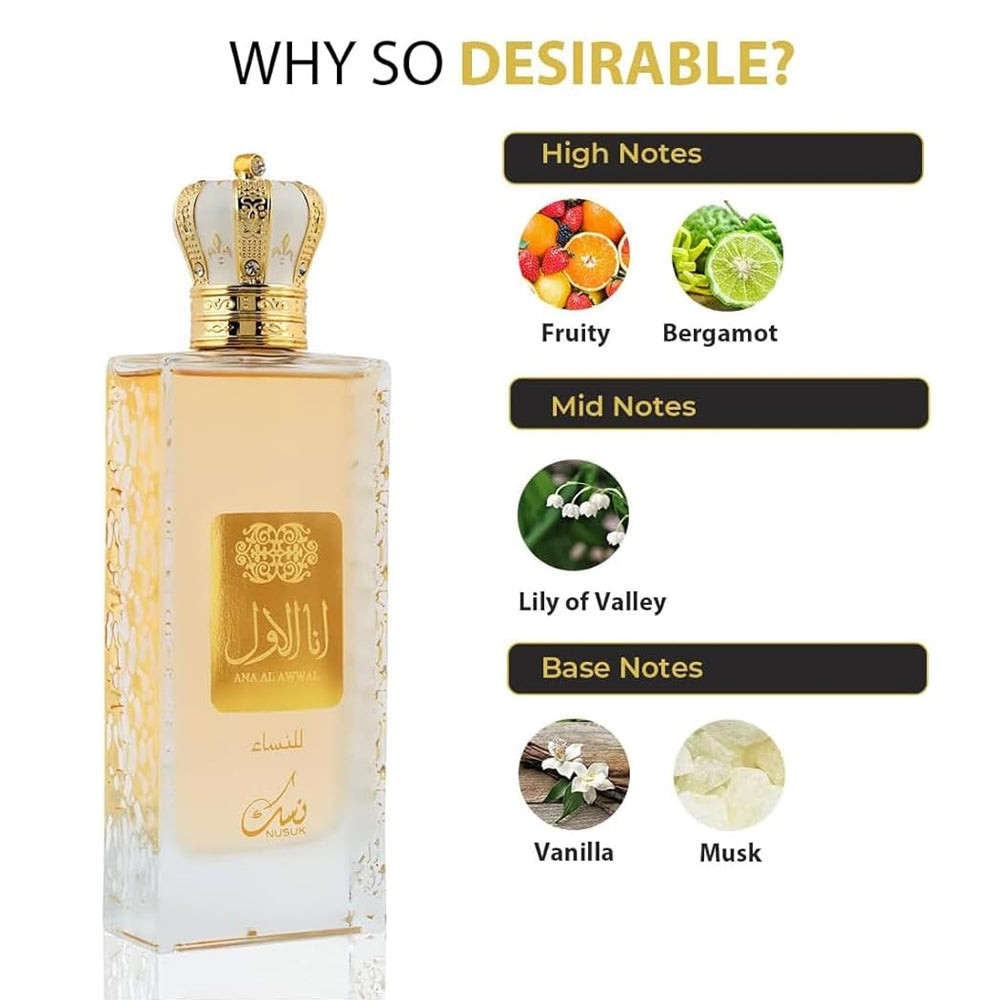 Nusuk Ana Al Awwal Golden Eau de Parfum - 3.4 oz - Sparkling Fruity & Warm Scent