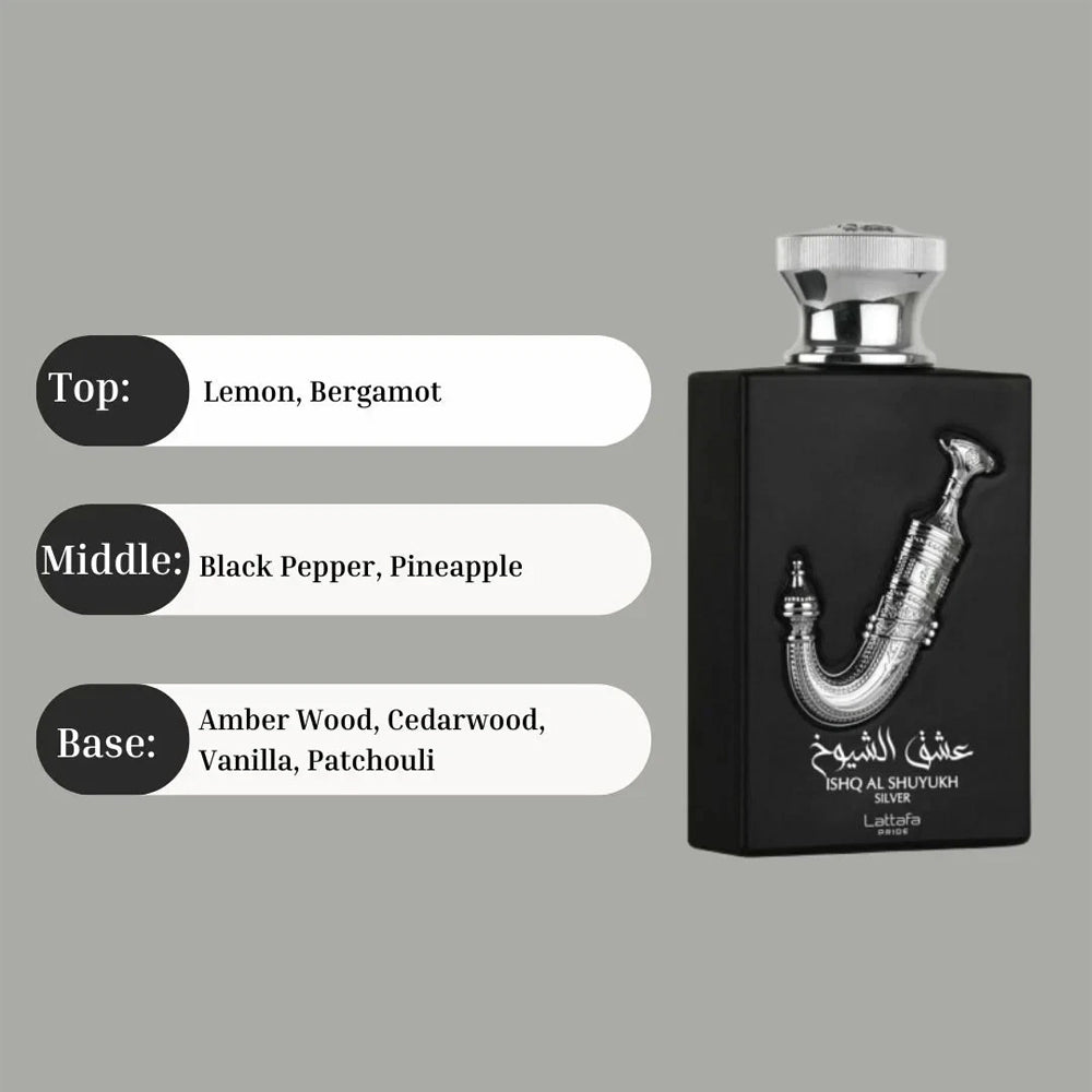 Lattafa Ishq Al Shuyukh Silver Eau de Parfum - 3.4 oz (100ml) Luxury EDP Spray - Unisex Signature Fragrance