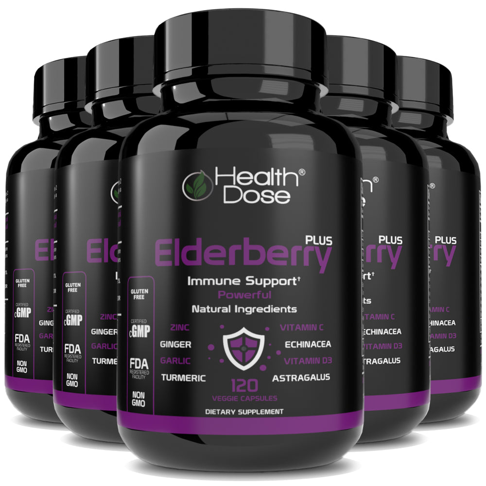 Health Dose Elderberry Plus With Vitamin C, Turmeric, Zinc & More 120 Capsules - Pack of 5