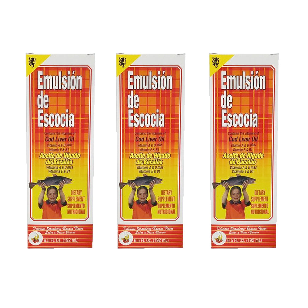 Emulsion de Escocia Vitamins A, D, E and B1 Strawberry and Banana 6.5 Fl Oz / 192 mL. Pack of 3