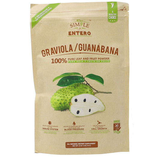 Simple y Entero Graviola/Guanabana 100% Pure Leaf and Fruit Powder. Vegan. 8 oz