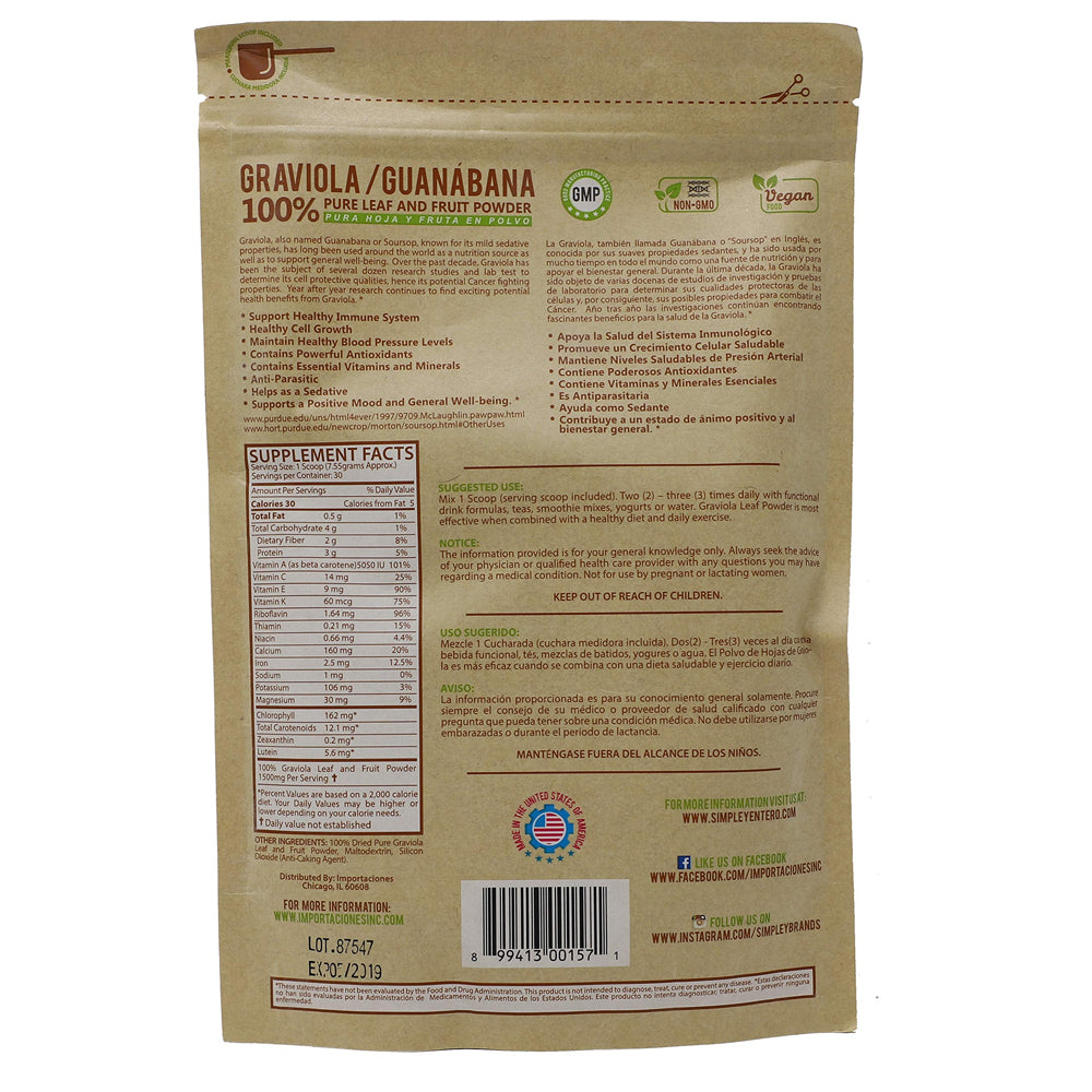 Simple y Entero Graviola/Guanabana 100% Pure Leaf and Fruit Powder. Vegan. 8 oz