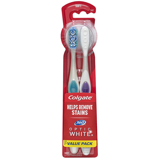 Colgate 360 Optic White Whitening Toothbrush. Helps Remove Stains. Soft. 2 Count