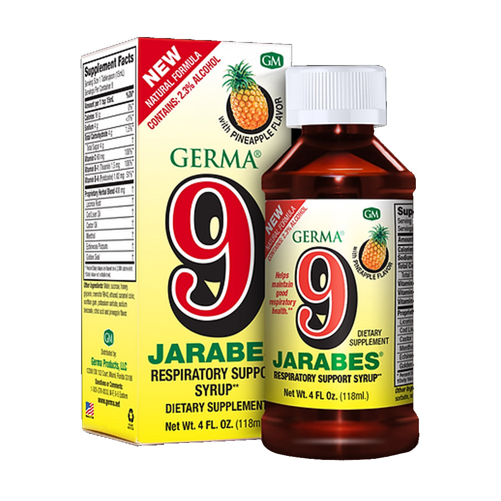 Germa 9 Jarabes Respiratory Support Syrup. Fortified with Vitamin C, B1, B6. 4oz