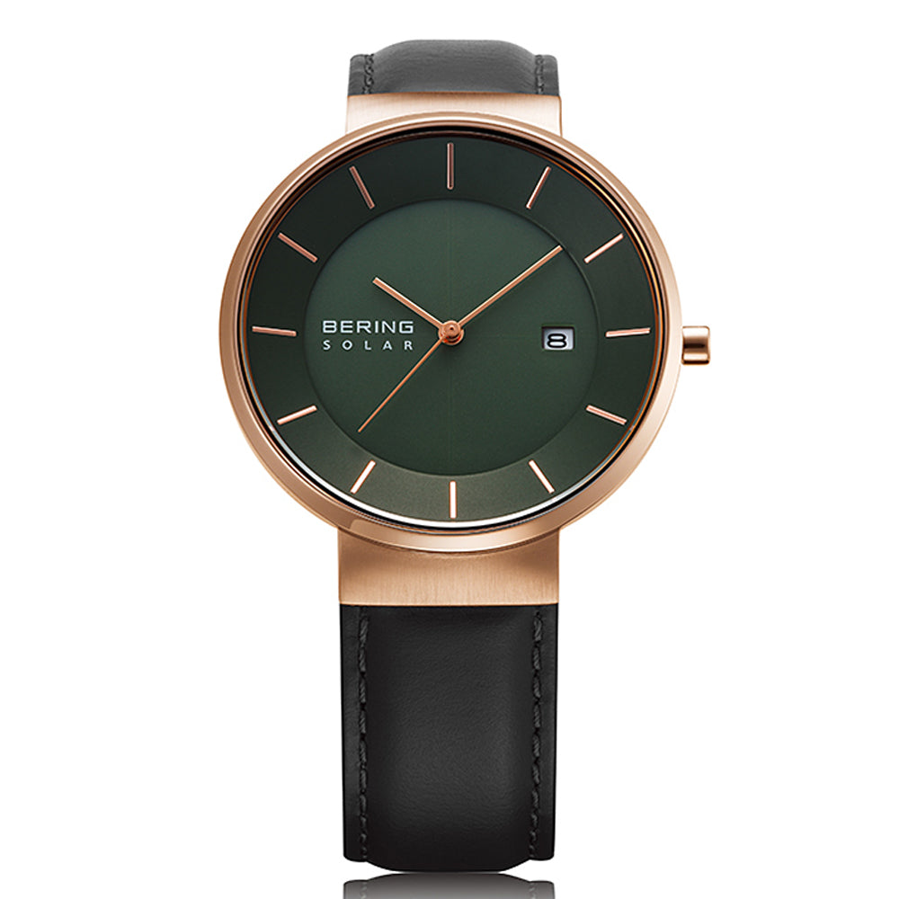 Bering Time Rose Gold Steel Case with Green Dial Men's Solar Watch. 14639-469