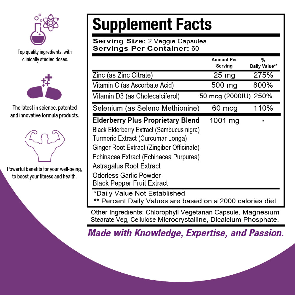 Health Dose Elderberry Plus With Vitamin C, Turmeric, Zinc & More 120 Capsules - Pack of 3