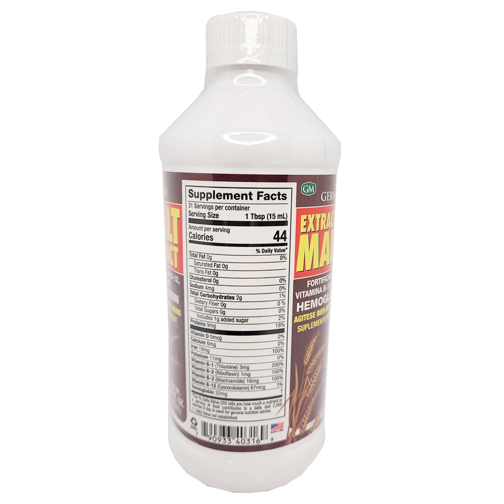 Germa Malt Extract Liquid. Fortified with Iron, Vitamin B12 & Hemoglobin. 16 oz