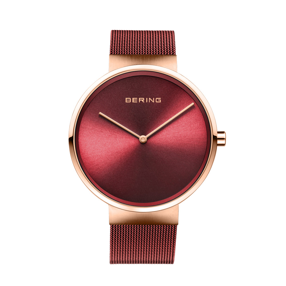 Bering Time Classic Collection Polished Rose Gold Stainless Steel Case with Red Milanese Strap and Red Dial Ladies Watch. 14539-363