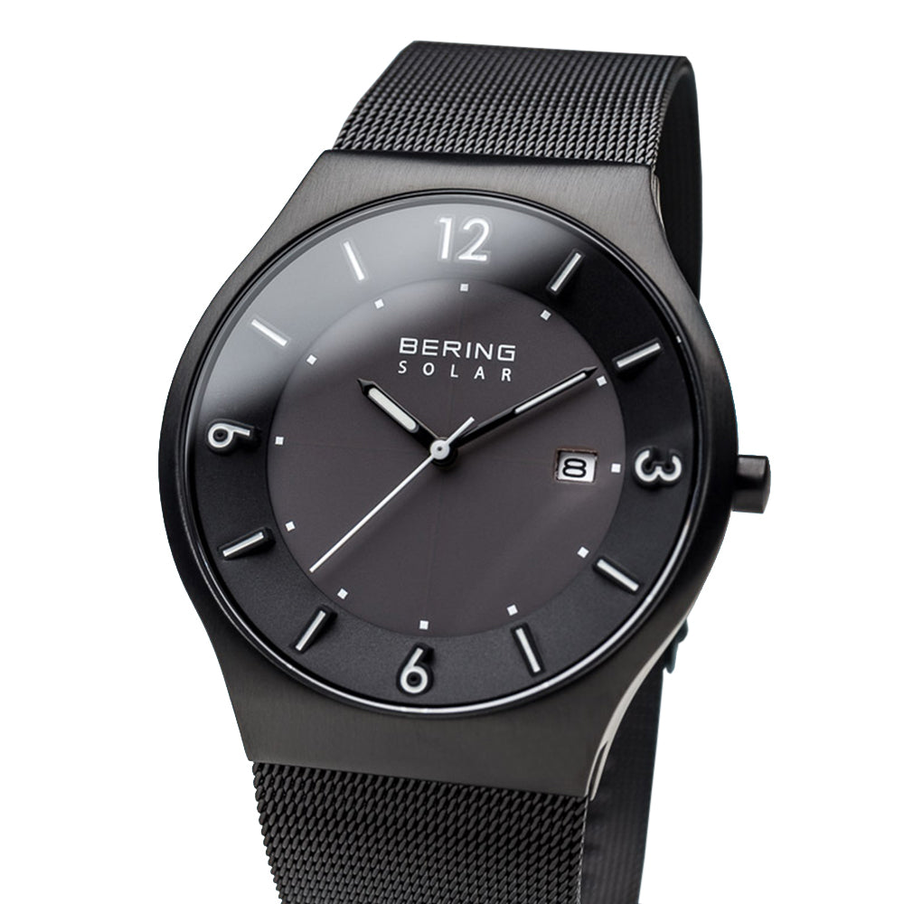 Bering Time Solar Collection. Brushed Black Stainless Steel Case and Black Milanese Strap, Black Dial with Date Window Men's Watch. 14440-222