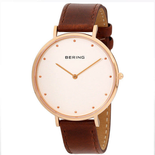 Bering Time Classic Rose Gold Steel & Brown Leather Strap Women Watch. 14839-564