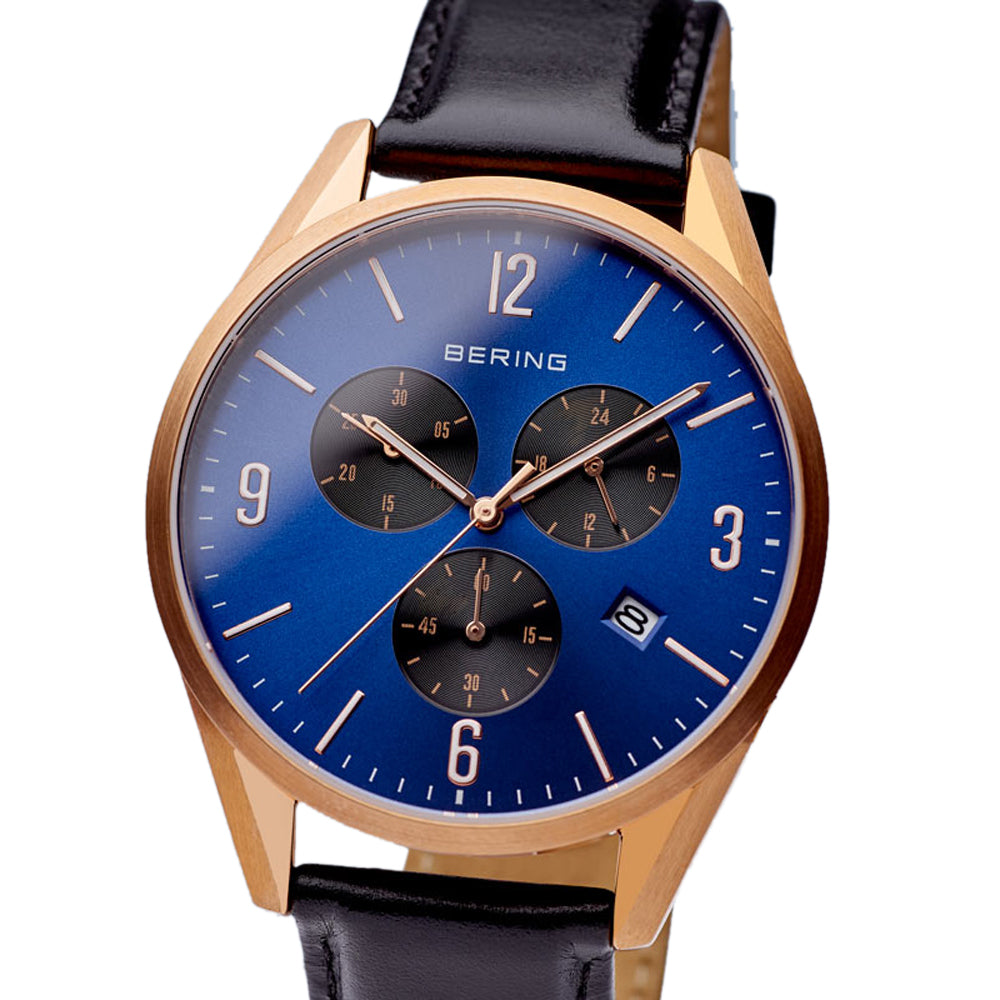 Bering Time Classic Rose Gold Stainless Steel & Blue Dial Men's Watch. 10542-567