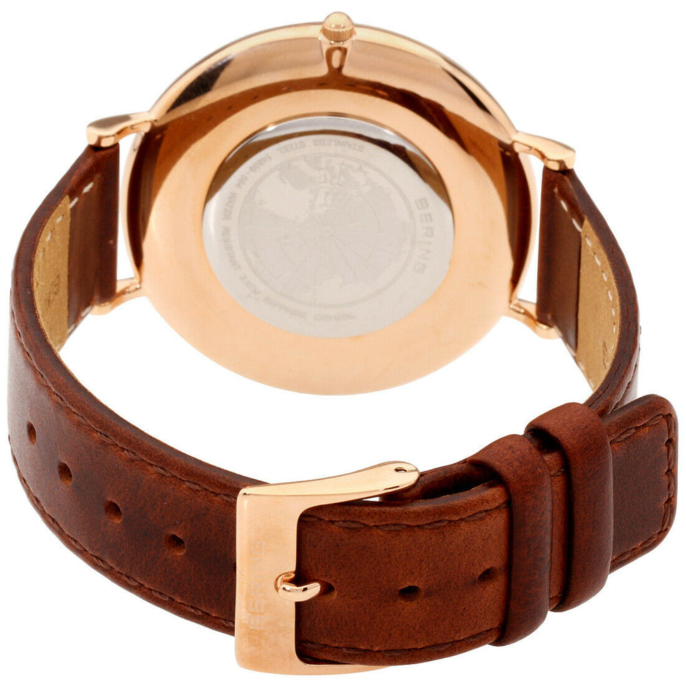 Bering Time Classic Rose Gold Steel & Brown Leather Strap Women Watch. 14839-564