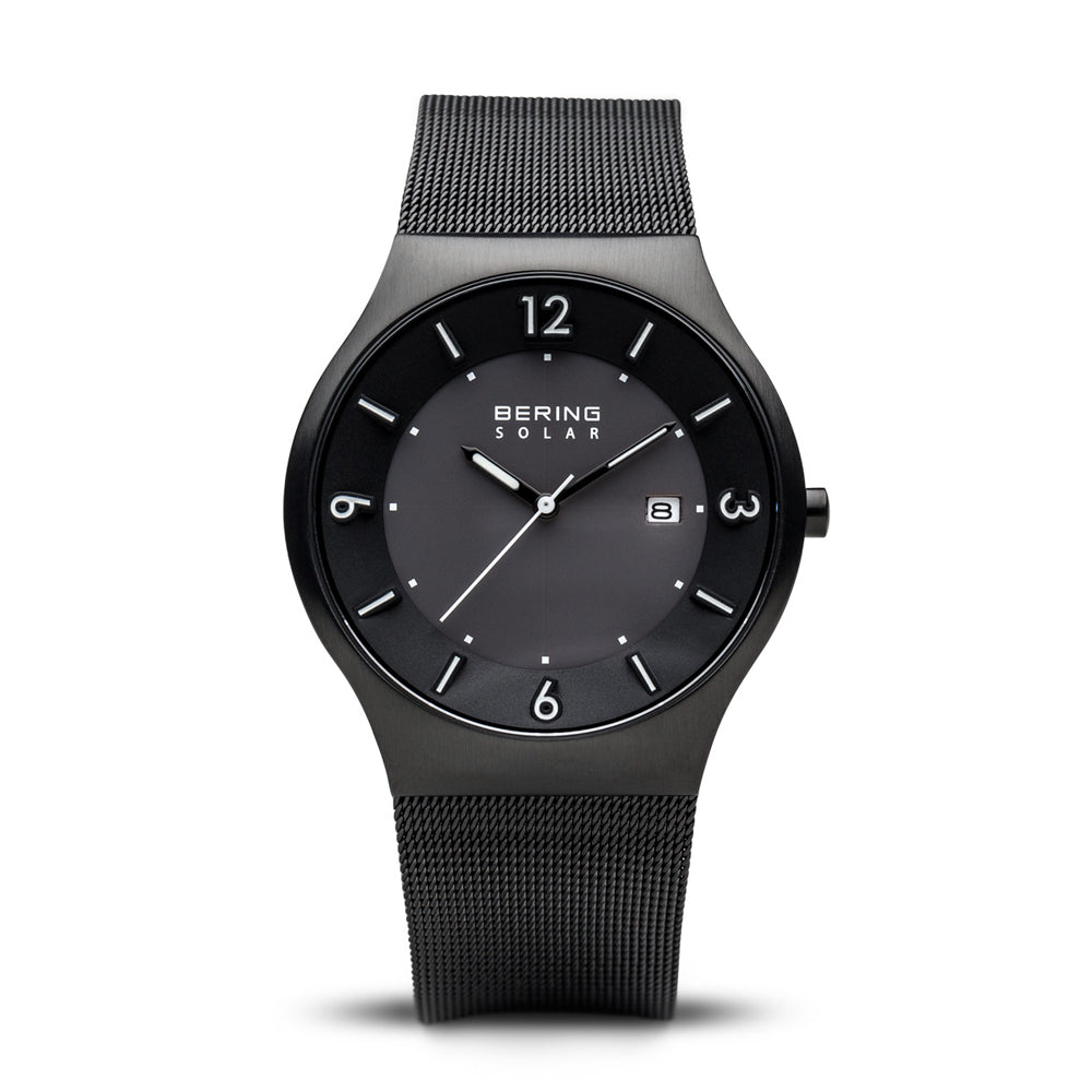 Bering Time Solar Collection. Brushed Black Stainless Steel Case and Black Milanese Strap, Black Dial with Date Window Men's Watch. 14440-222